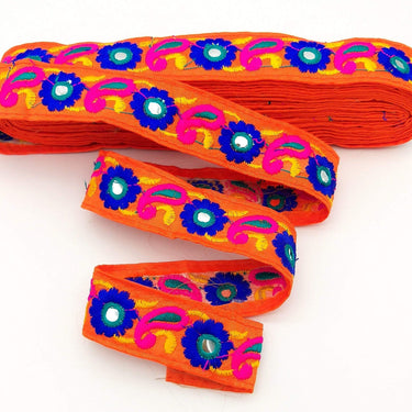 Orange Floral Mirrored Trim With Royal Blue Flowers And Fuchsia Pink Paisley Embroidery, Decorative Trimming, Trim By 3 Yards